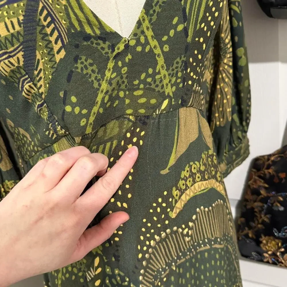 Farm Rio Dark Green & Yellow Tropical Floral Pattern Puff Sleeve Tiered Dress - Picture 5 of 8